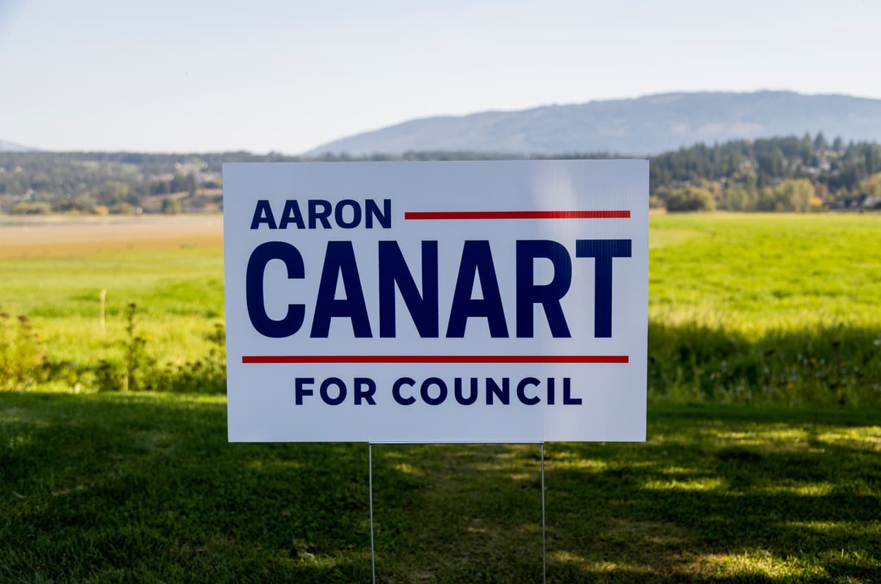 An Aaron Canart for Council lawn sign in a field outside Salmon Arm